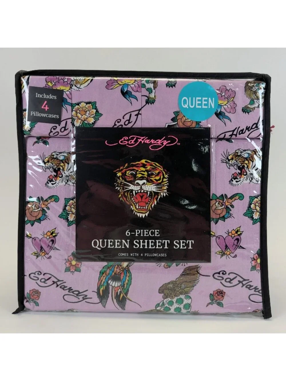 Ed Hardy Queen Sheet Set 6-Piece w 4 Pillowcases Purple Heart Tiger Rose - NEW
